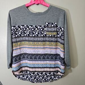 Jolt Mixed Media Floral‎ Patchwork Roll Tab Sleeve Women's Top L Boho Cottage